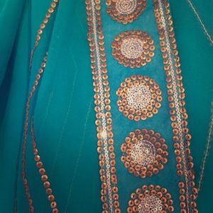 Teal and gold sari